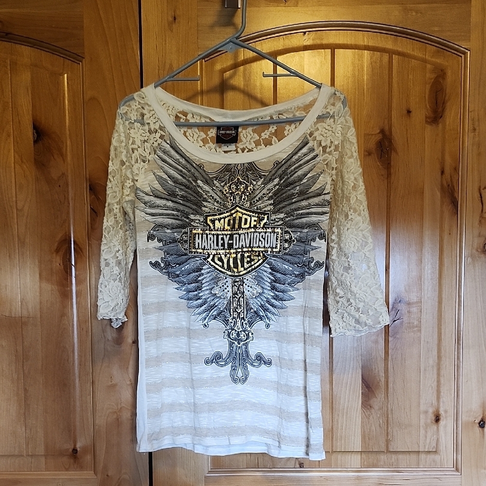 Harley-Davidson Women's Lace Sleeve Top - Cream